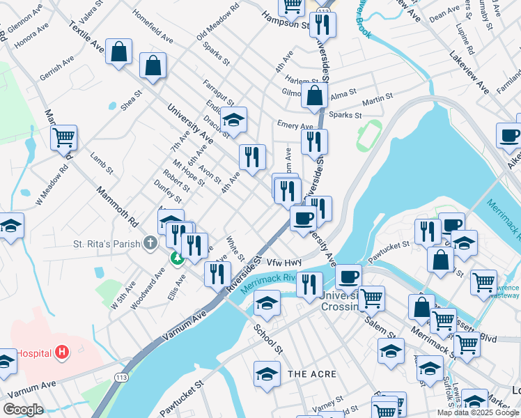 map of restaurants, bars, coffee shops, grocery stores, and more near 20 Gershom Avenue in Lowell