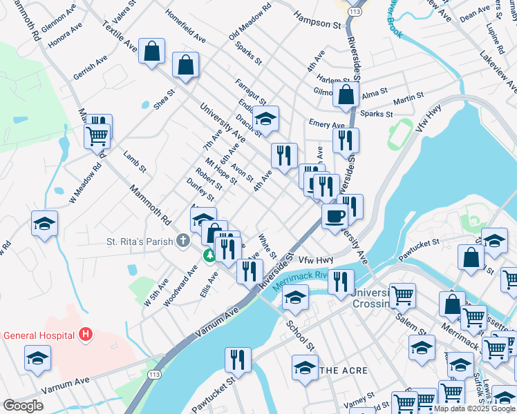 map of restaurants, bars, coffee shops, grocery stores, and more near 104 White Street in Lowell