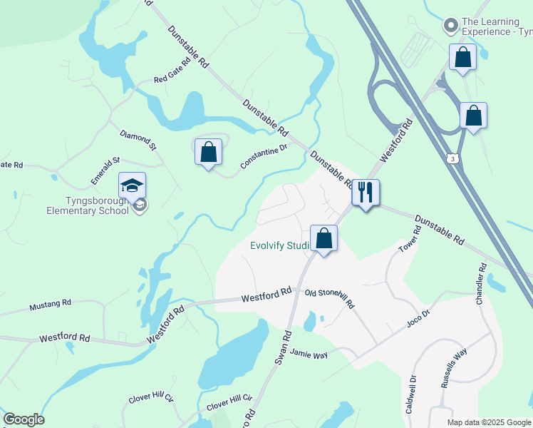 map of restaurants, bars, coffee shops, grocery stores, and more near 60 Windemere Circle in Tyngsborough