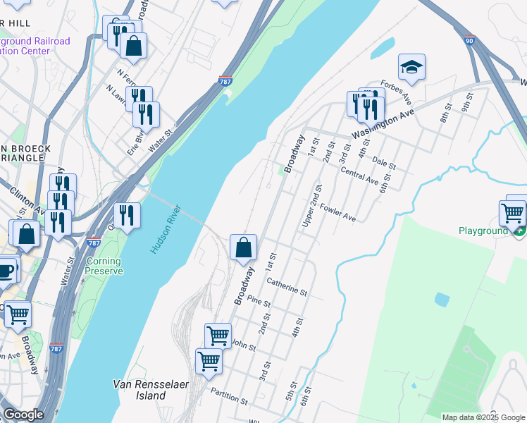 map of restaurants, bars, coffee shops, grocery stores, and more near 1452 Broadway in Rensselaer