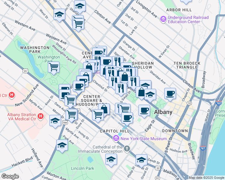 map of restaurants, bars, coffee shops, grocery stores, and more near 259 State Street in Albany