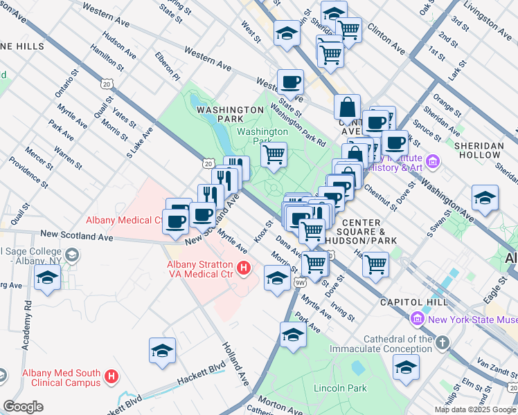map of restaurants, bars, coffee shops, grocery stores, and more near in Albany
