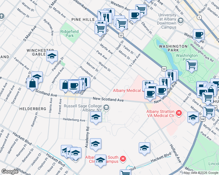 map of restaurants, bars, coffee shops, grocery stores, and more near 149 South Lake Avenue in Albany