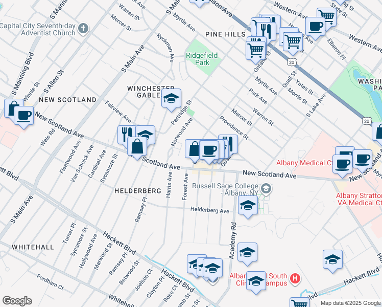 map of restaurants, bars, coffee shops, grocery stores, and more near in Albany