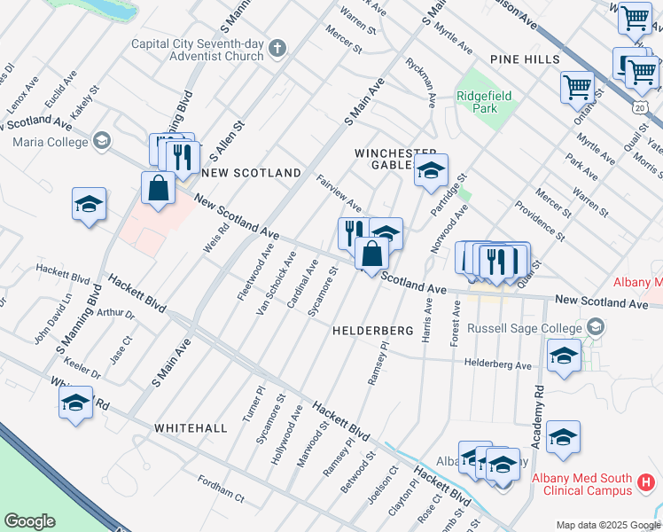 map of restaurants, bars, coffee shops, grocery stores, and more near 7 Sycamore Street in Albany