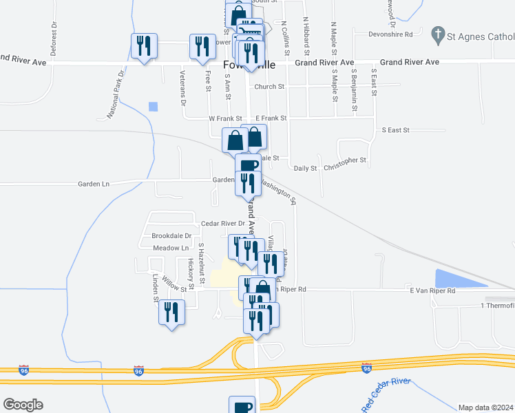 map of restaurants, bars, coffee shops, grocery stores, and more near 635 South Grand Avenue in Fowlerville