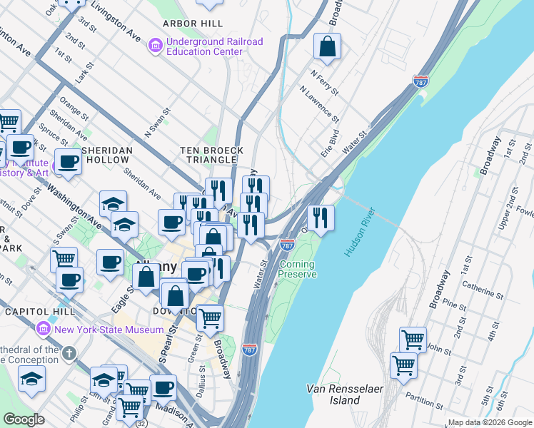 map of restaurants, bars, coffee shops, grocery stores, and more near 19 Quackenbush Square in Albany