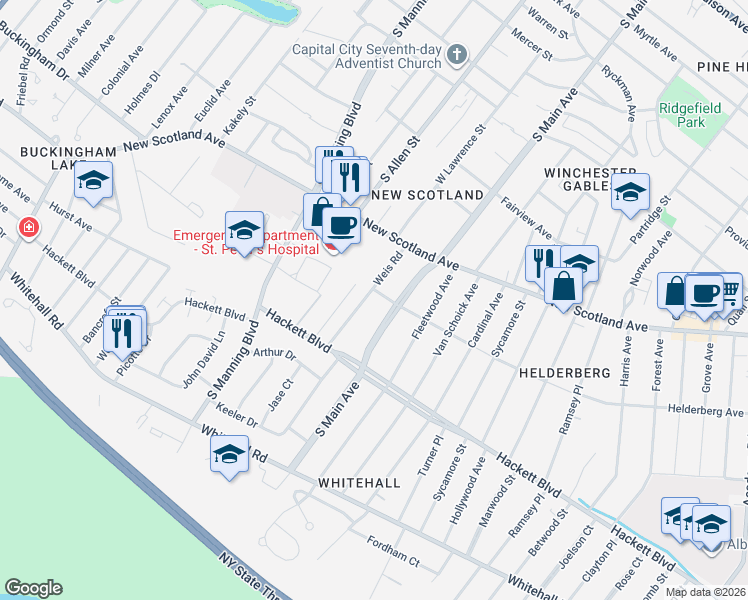 map of restaurants, bars, coffee shops, grocery stores, and more near 35 Weis Rd in Albany