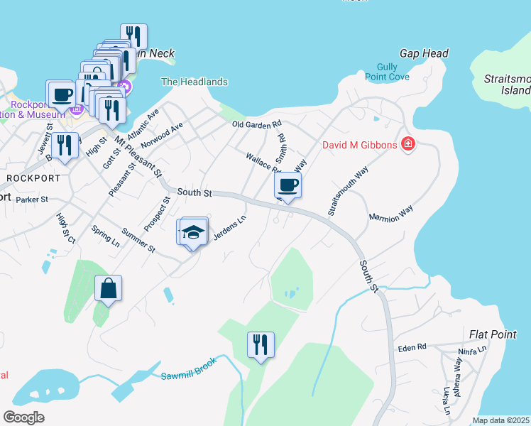 map of restaurants, bars, coffee shops, grocery stores, and more near 38 South Street in Rockport