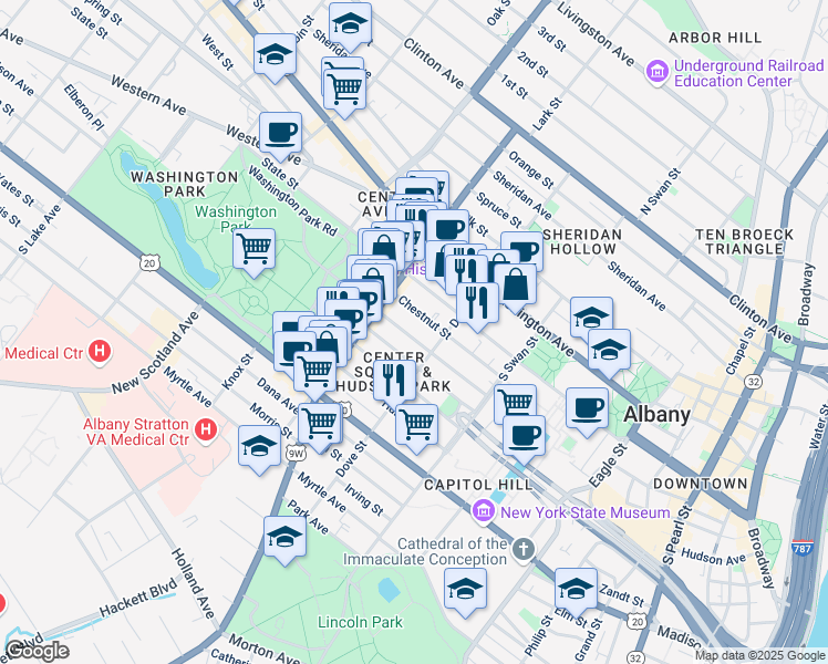 map of restaurants, bars, coffee shops, grocery stores, and more near 179 Lancaster Street in Albany