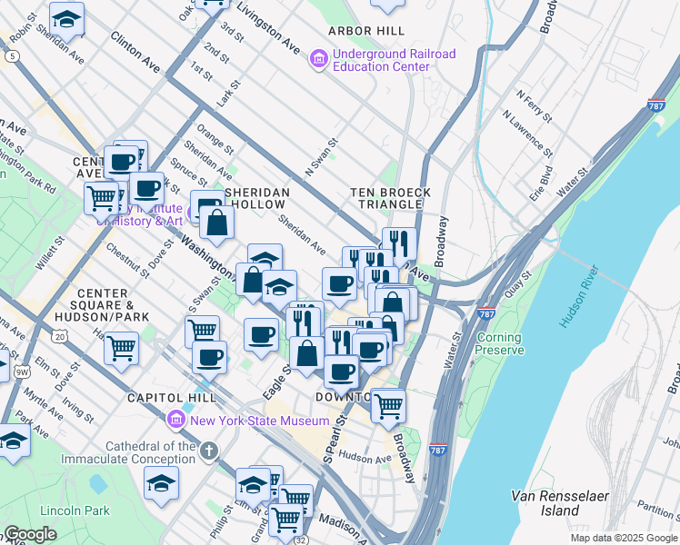 map of restaurants, bars, coffee shops, grocery stores, and more near 56 Sheridan Avenue in Albany