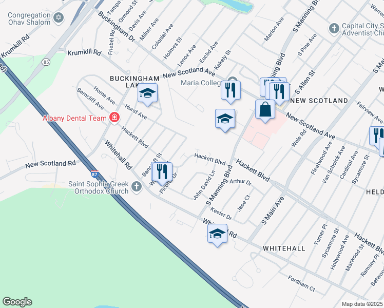 map of restaurants, bars, coffee shops, grocery stores, and more near 357 Hackett Boulevard in Albany