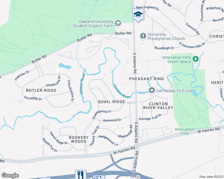 map of restaurants, bars, coffee shops, grocery stores, and more near 3098 Quail Ridge Circle in Rochester Hills