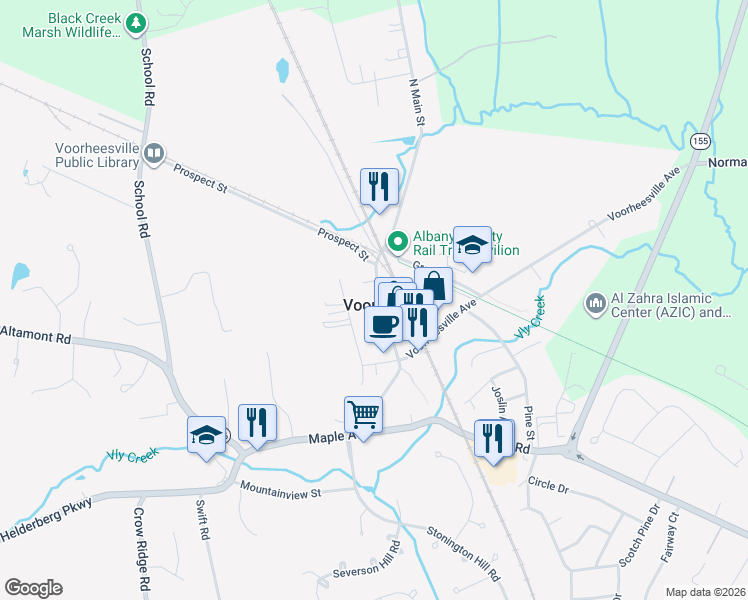 map of restaurants, bars, coffee shops, grocery stores, and more near in Voorheesville