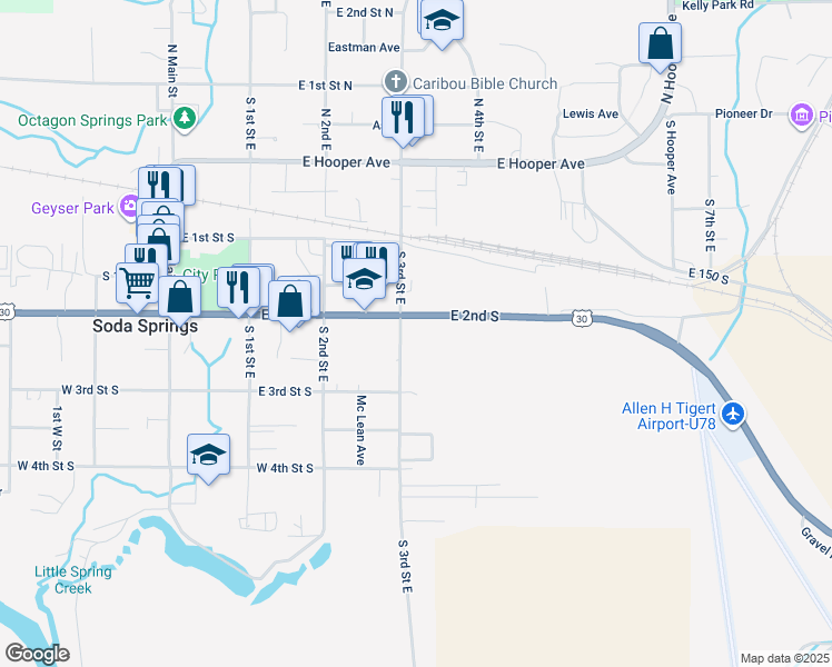 map of restaurants, bars, coffee shops, grocery stores, and more near 221 South 3rd Street East in Soda Springs