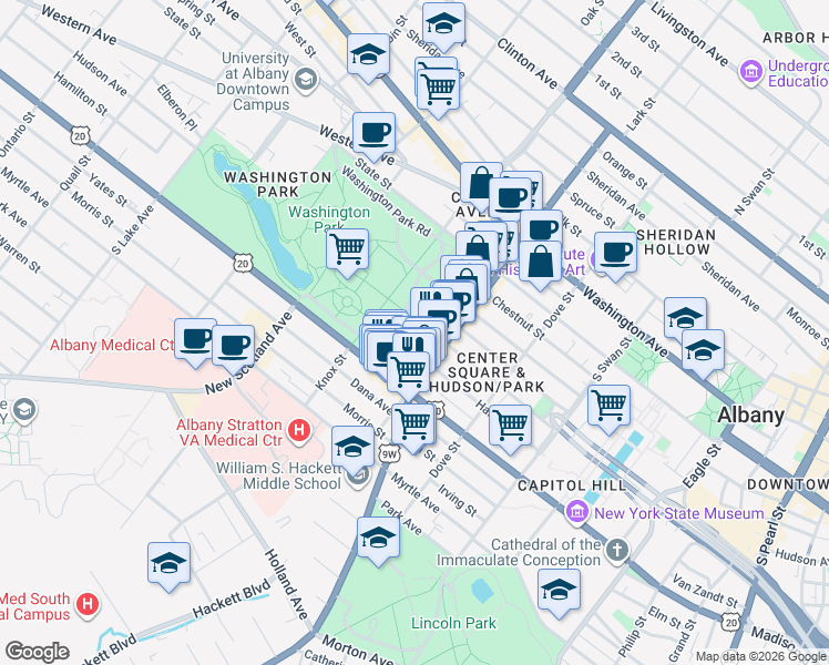 map of restaurants, bars, coffee shops, grocery stores, and more near 74 Willett Street in Albany