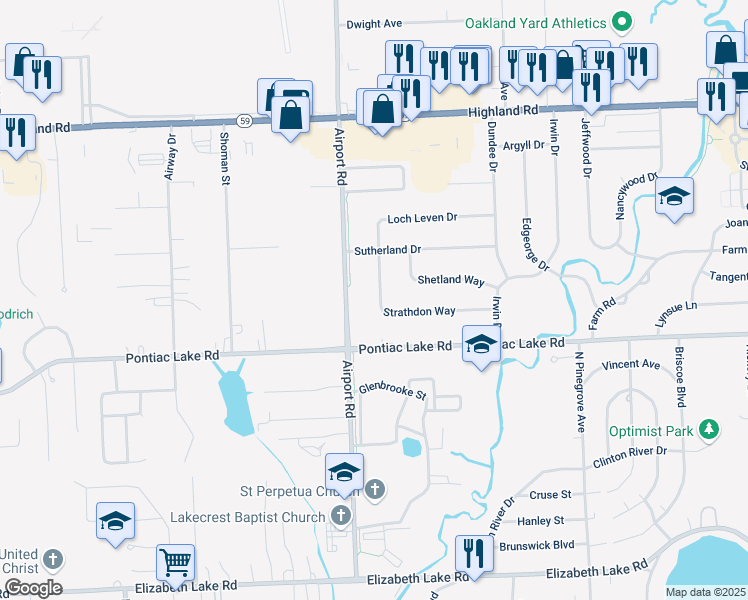 map of restaurants, bars, coffee shops, grocery stores, and more near 5925 Strathdon Way in Waterford Township