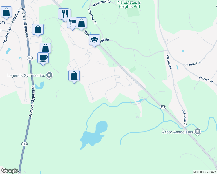 map of restaurants, bars, coffee shops, grocery stores, and more near 21 Evergreen Drive in North Andover