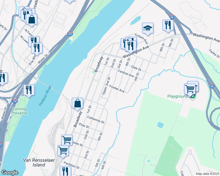 map of restaurants, bars, coffee shops, grocery stores, and more near 1497 3rd Street in Rensselaer