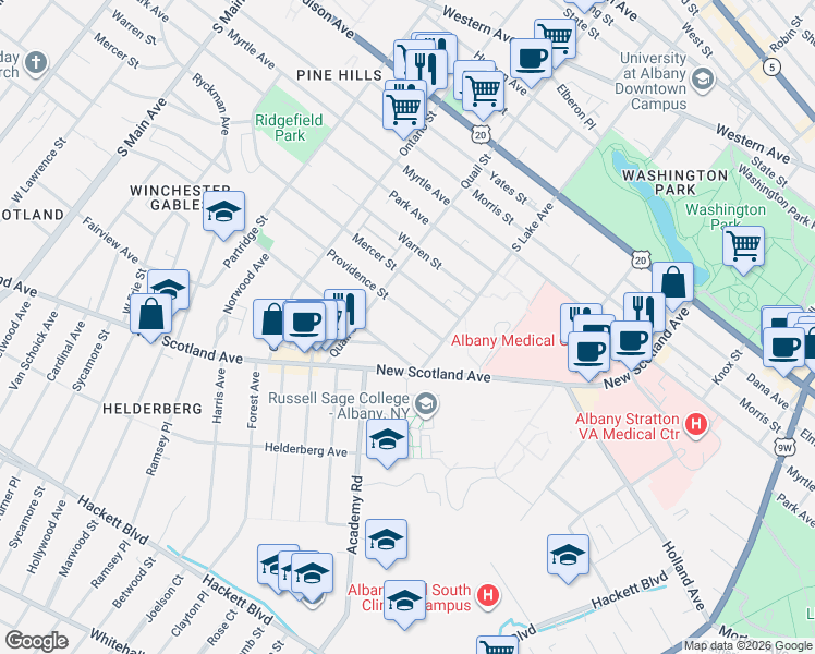 map of restaurants, bars, coffee shops, grocery stores, and more near 555 Providence Street in Albany