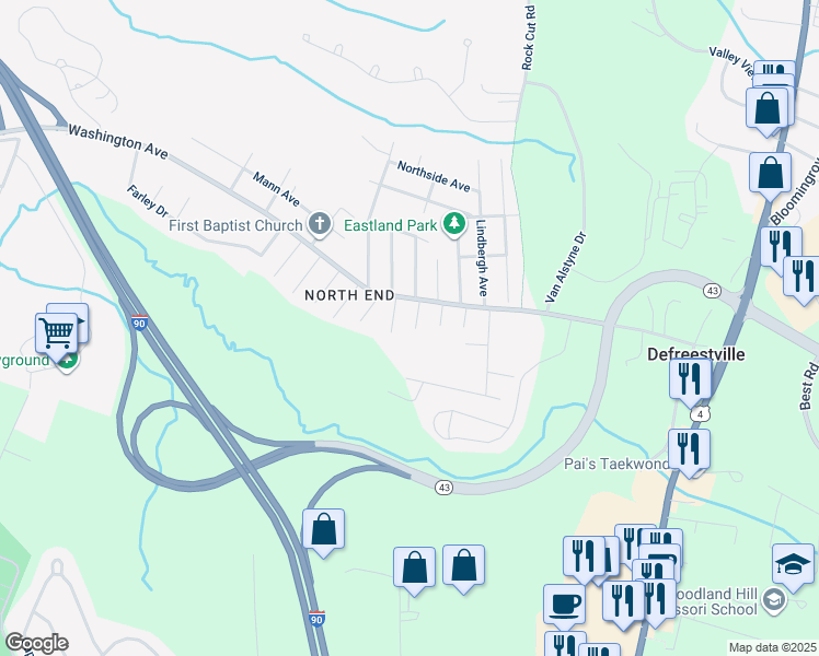 map of restaurants, bars, coffee shops, grocery stores, and more near 101 Indiana Avenue in Rensselaer