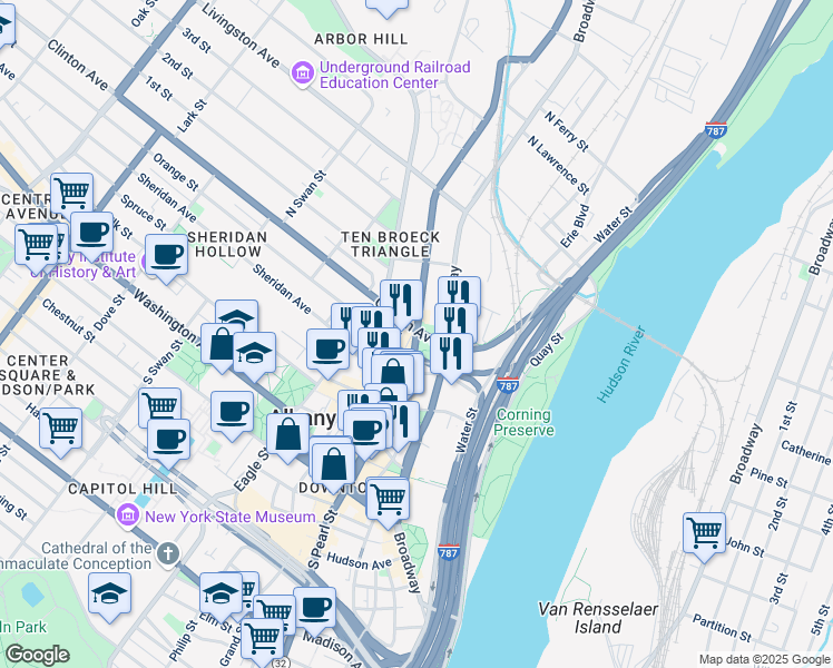 map of restaurants, bars, coffee shops, grocery stores, and more near N Pearl St & Clinton Ave in Albany