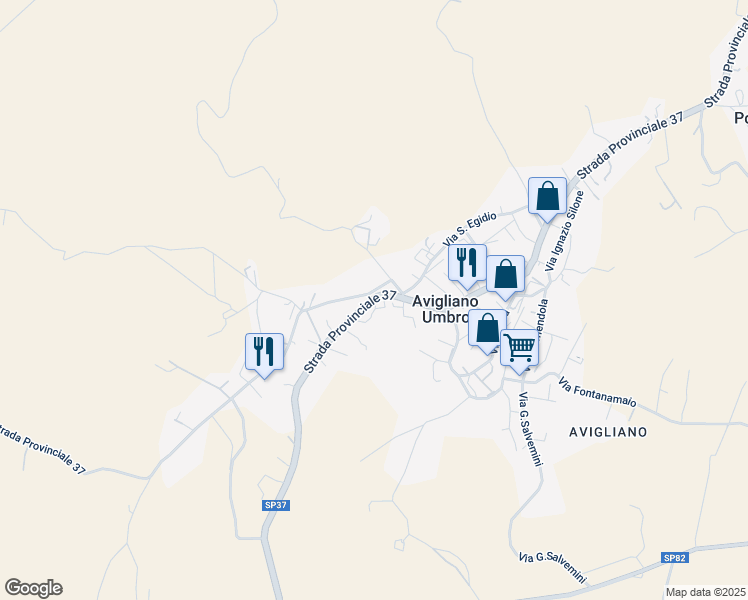 map of restaurants, bars, coffee shops, grocery stores, and more near 93 SP37 in Avigliano Umbro