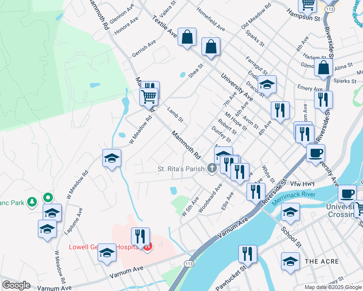 map of restaurants, bars, coffee shops, grocery stores, and more near 248 Mammoth Road in Lowell