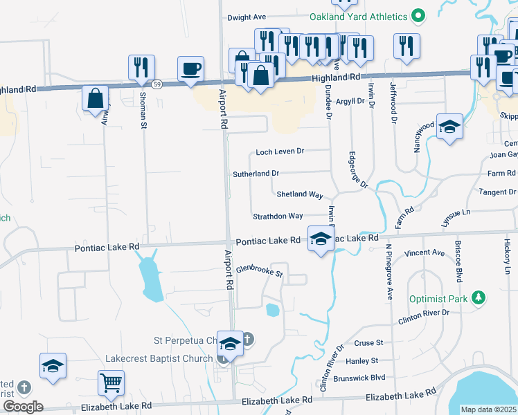 map of restaurants, bars, coffee shops, grocery stores, and more near 5860 Strathdon Way in Waterford Township