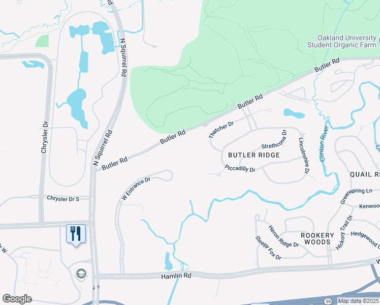 map of restaurants, bars, coffee shops, grocery stores, and more near 1075 West Entrance Drive in Auburn Hills