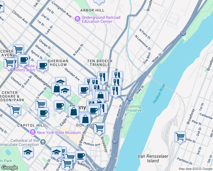 map of restaurants, bars, coffee shops, grocery stores, and more near 136 North Pearl Street in Albany