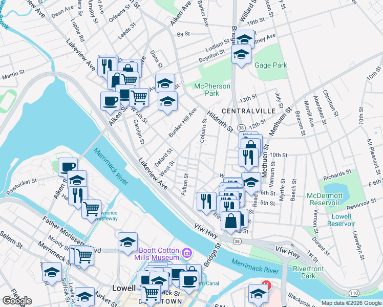 map of restaurants, bars, coffee shops, grocery stores, and more near 127 West 6th Street in Lowell