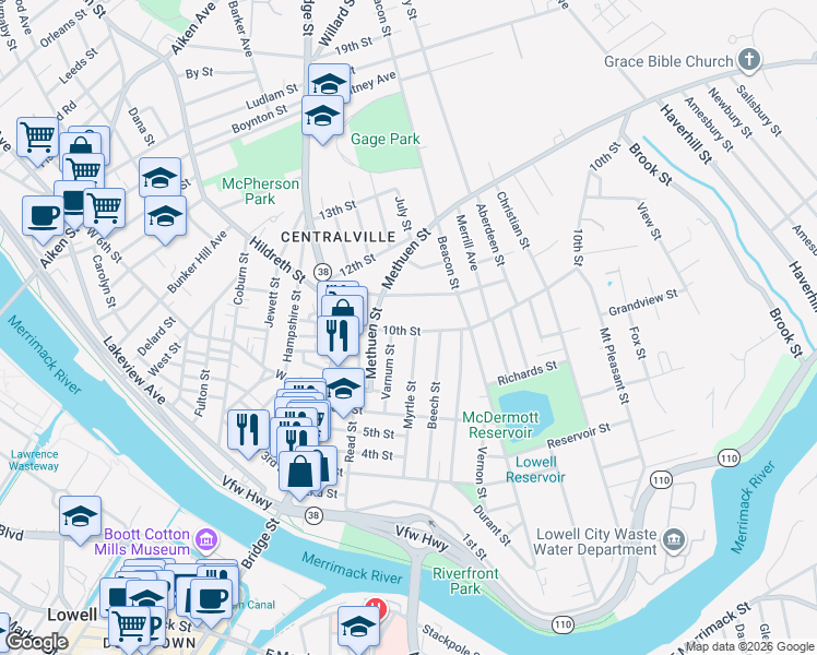 map of restaurants, bars, coffee shops, grocery stores, and more near 148 Myrtle Street in Lowell