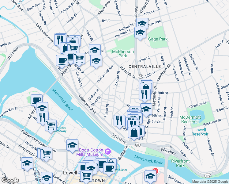 map of restaurants, bars, coffee shops, grocery stores, and more near 127 West 6th Street in Lowell
