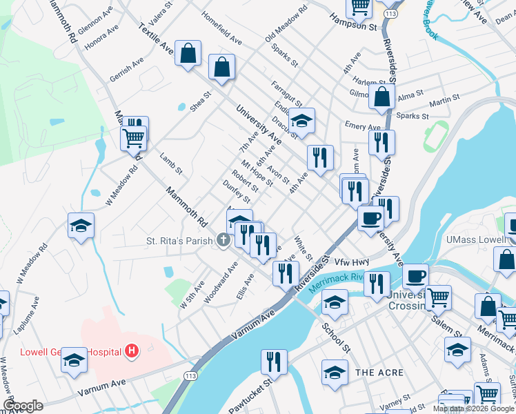 map of restaurants, bars, coffee shops, grocery stores, and more near 67 5th Avenue in Lowell