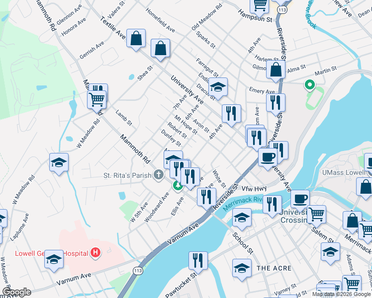 map of restaurants, bars, coffee shops, grocery stores, and more near 67 5th Avenue in Lowell