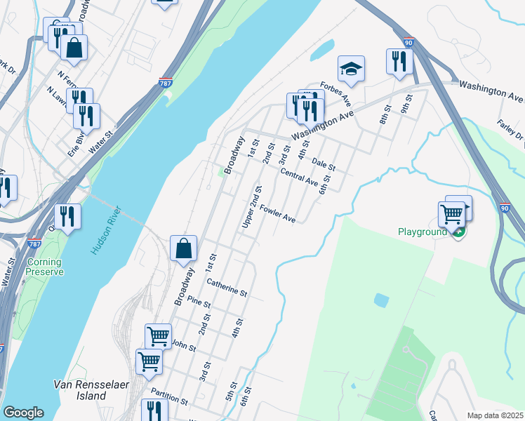 map of restaurants, bars, coffee shops, grocery stores, and more near 1497 3rd Street in Rensselaer