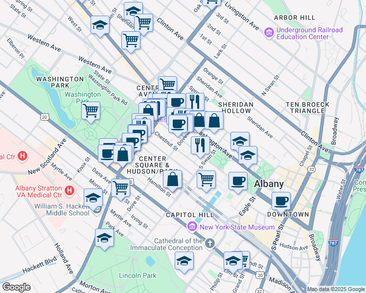 map of restaurants, bars, coffee shops, grocery stores, and more near in Albany