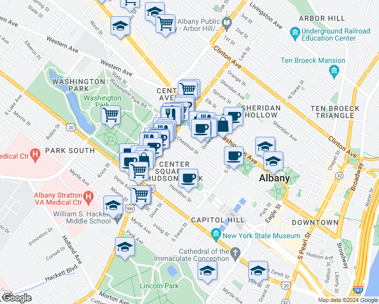 map of restaurants, bars, coffee shops, grocery stores, and more near 179 Lancaster Street in Albany