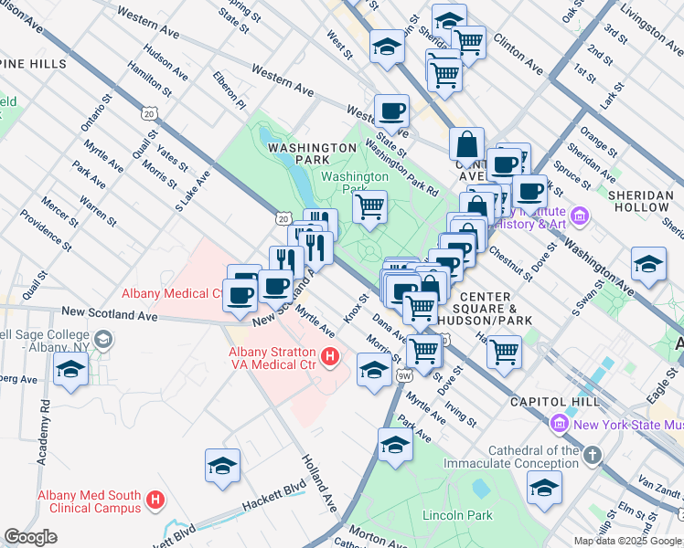 map of restaurants, bars, coffee shops, grocery stores, and more near in Albany