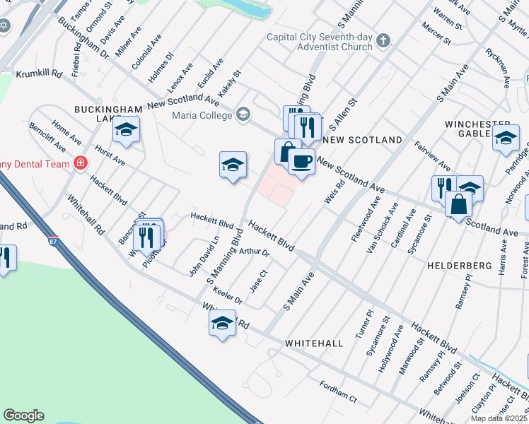 map of restaurants, bars, coffee shops, grocery stores, and more near 2-98 Renodin Dr in Albany
