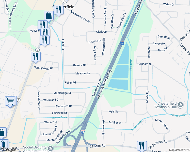 map of restaurants, bars, coffee shops, grocery stores, and more near 48075 Meadow Lane in New Baltimore
