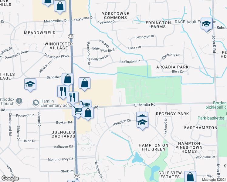 map of restaurants, bars, coffee shops, grocery stores, and more near 235 East Hamlin Road in Rochester Hills