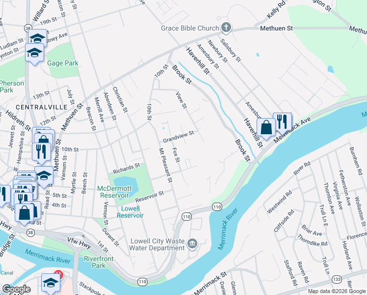 map of restaurants, bars, coffee shops, grocery stores, and more near 38 Fox Street in Dracut