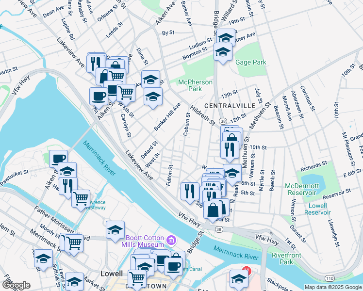 map of restaurants, bars, coffee shops, grocery stores, and more near 127 West 6th Street in Lowell