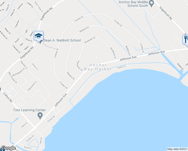 map of restaurants, bars, coffee shops, grocery stores, and more near 47944 Harbor Drive in New Baltimore