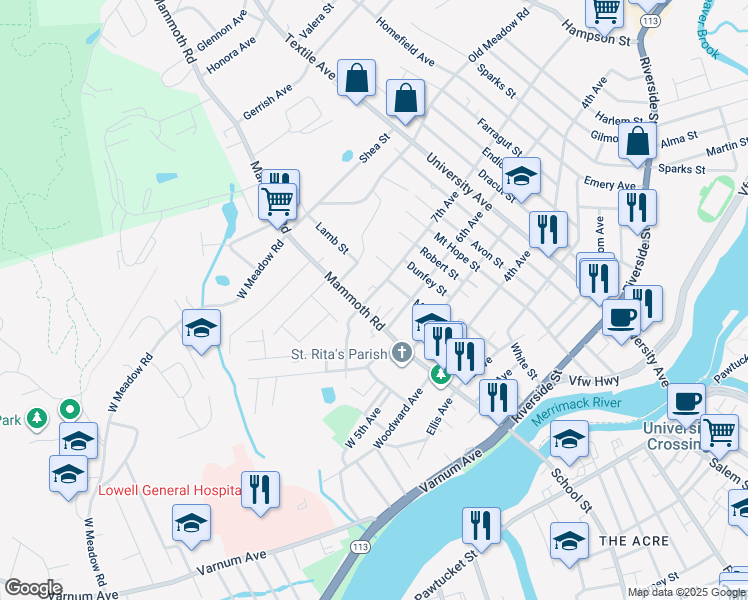 map of restaurants, bars, coffee shops, grocery stores, and more near 15 7th Avenue in Lowell