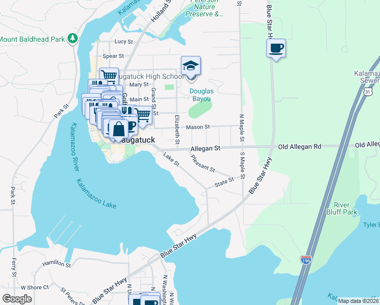 map of restaurants, bars, coffee shops, grocery stores, and more near 621 Pleasant Street in Saugatuck