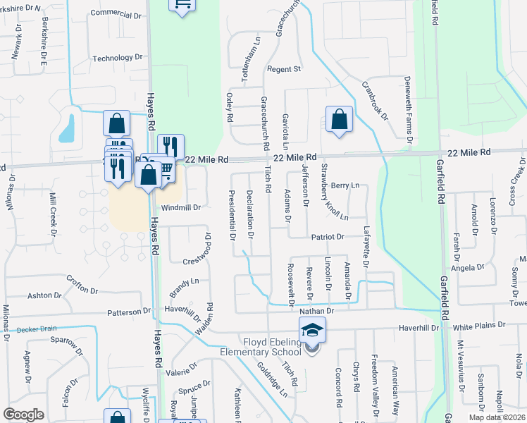 map of restaurants, bars, coffee shops, grocery stores, and more near 48536 Declaration Drive in Macomb