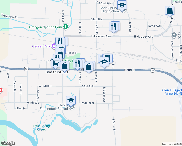 map of restaurants, bars, coffee shops, grocery stores, and more near 220 South 2nd East in Soda Springs